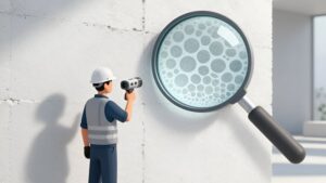Инженер Хелп Бетон проверяет структуру стены ультразвуковым сканером при выборе службы диагностики бетона