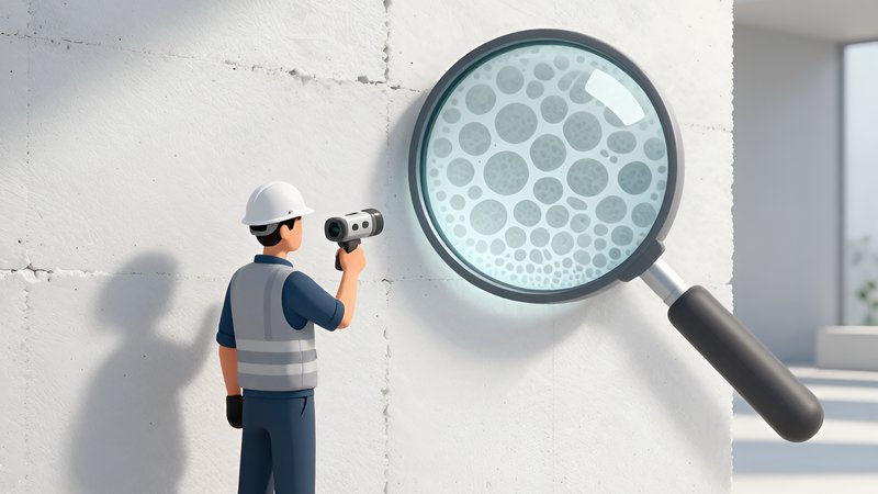 Инженер Хелп Бетон проверяет структуру стены ультразвуковым сканером при выборе службы диагностики бетона