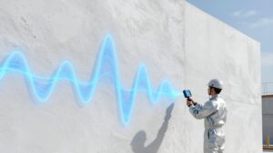 Техник проверяет плотность стены ультразвуковым сканером, демонстрируя современные методы проверки прочности пенобетона в 2026 году